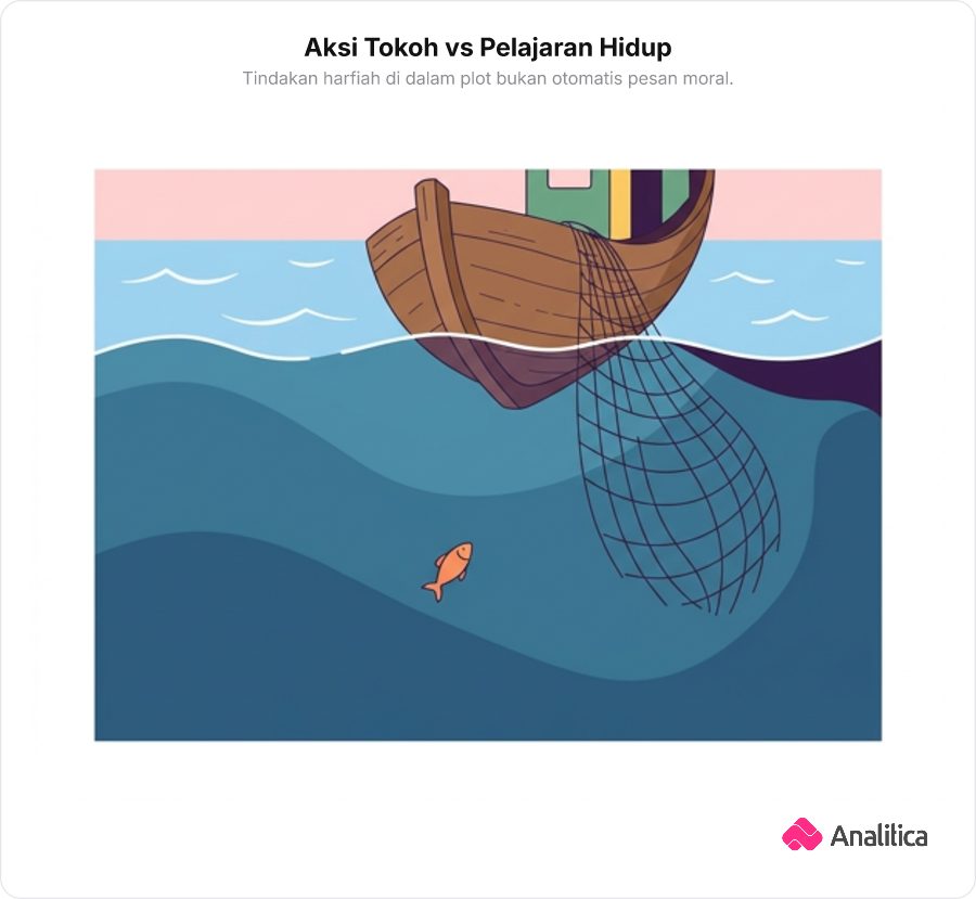 Seekor ikan kecil oranye berenang mendekati perahu nelayan di laut lepas