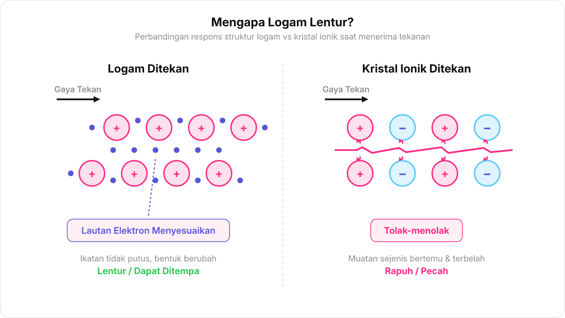 Diagram perbandingan saat logam ditekan melawan kristal ionik ditekan.