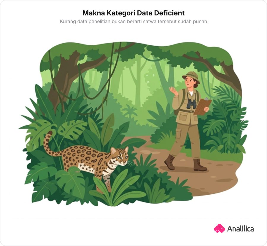 Ilustrasi peneliti mencari keberadaan kucing hutan yang bersembunyi di semak-semak rimba.