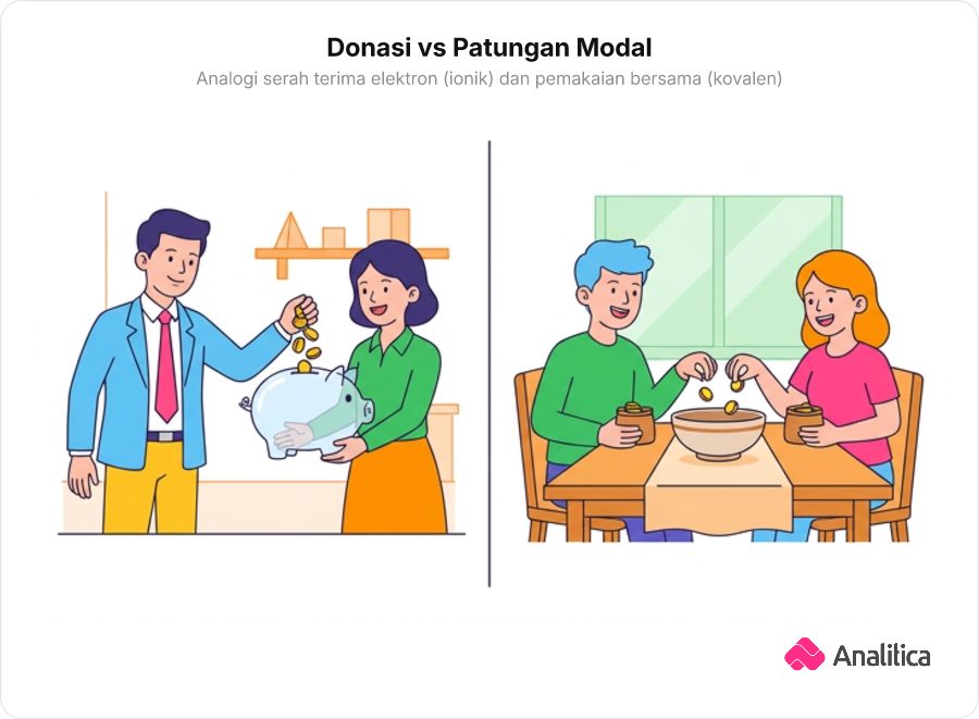 Ilustrasi dua panel yang membandingkan analogi donasi koin penuh dengan patungan koin di mangkuk bersama.
