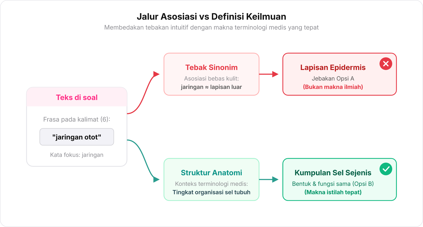 Diagram jebakan pola pikir: membandingkan tebakan sinonim asosiatif dengan definisi anatomi asli.