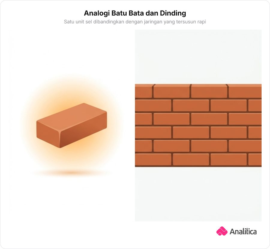 Ilustrasi analogi sebuah batu bata tunggal bersinar di samping dinding bata yang tersusun rapi.