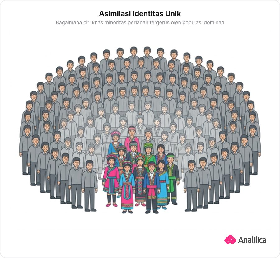 Ilustrasi sekelompok kecil orang berbusana adat khas daerah berada di tengah kerumunan besar orang berpakaian standar modern, yang secara bertahap melebur.