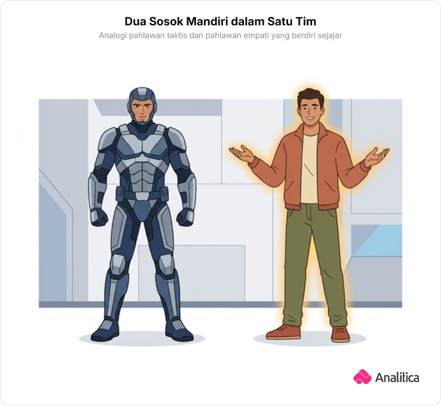 Dua pahlawan super berdiri berdampingan secara mandiri, satu berperlengkapan taktis profesional dan satu berpakaian sederhana dengan aura hangat.