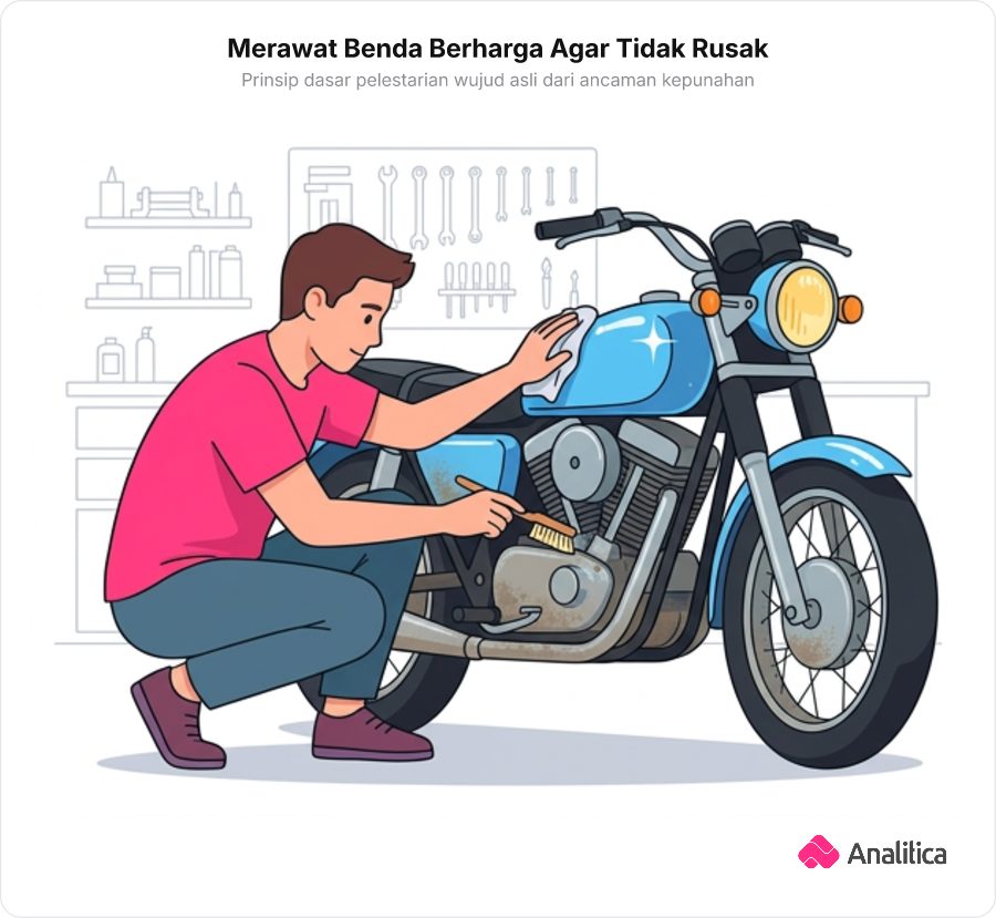 Seorang pemuda merawat motor klasik tua di garasi dengan kuas dan lap.