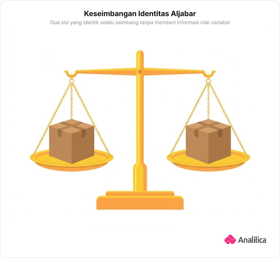Ilustrasi timbangan tua seimbang sempurna dengan kardus identik di kedua sisi