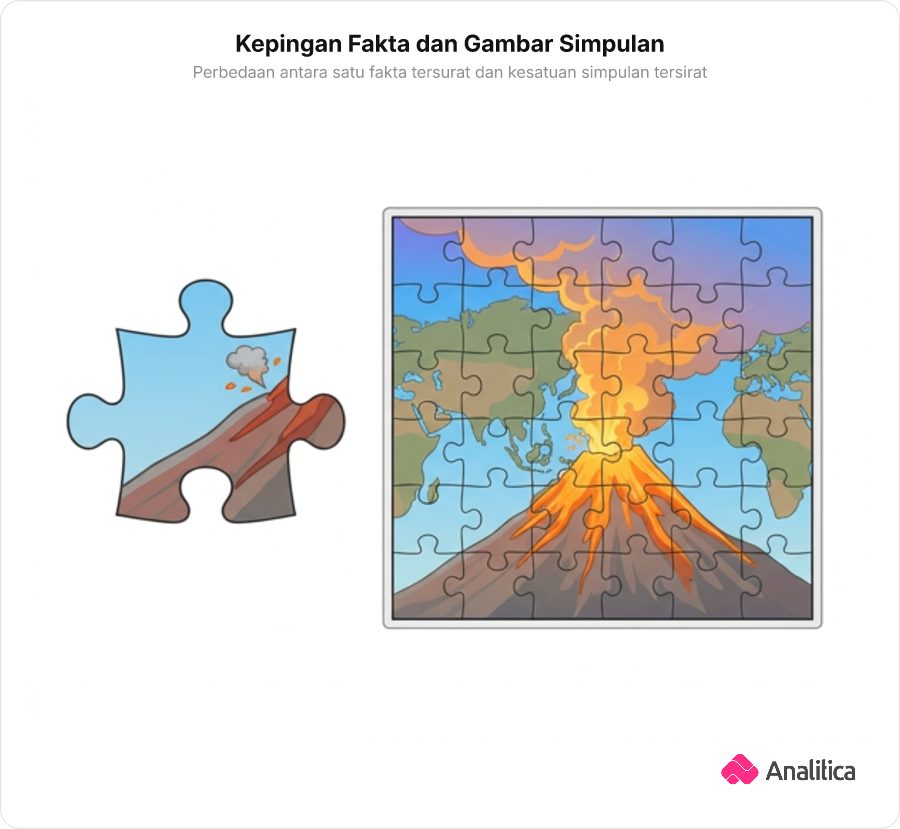 Analogi kepingan puzzle fakta tersurat bersanding dengan gambar puzzle utuh simpulan tersirat