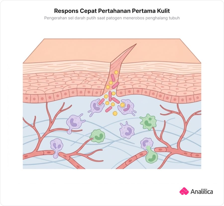 Ilustrasi penampang lapisan kulit tergores dengan bakteri masuk dan sel darah putih mendekat