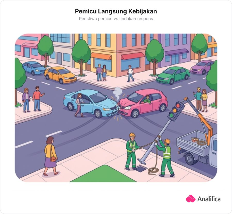 Ilustrasi jalan persimpangan dengan mobil bertabrakan dan petugas memasang tiang lampu lalu lintas