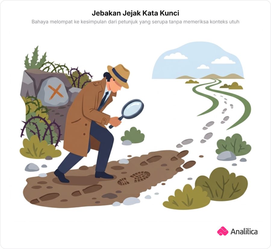 Ilustrasi detektif mengamati jejak kaki yang bercabang ke arah yang salah dengan kaca pembesar