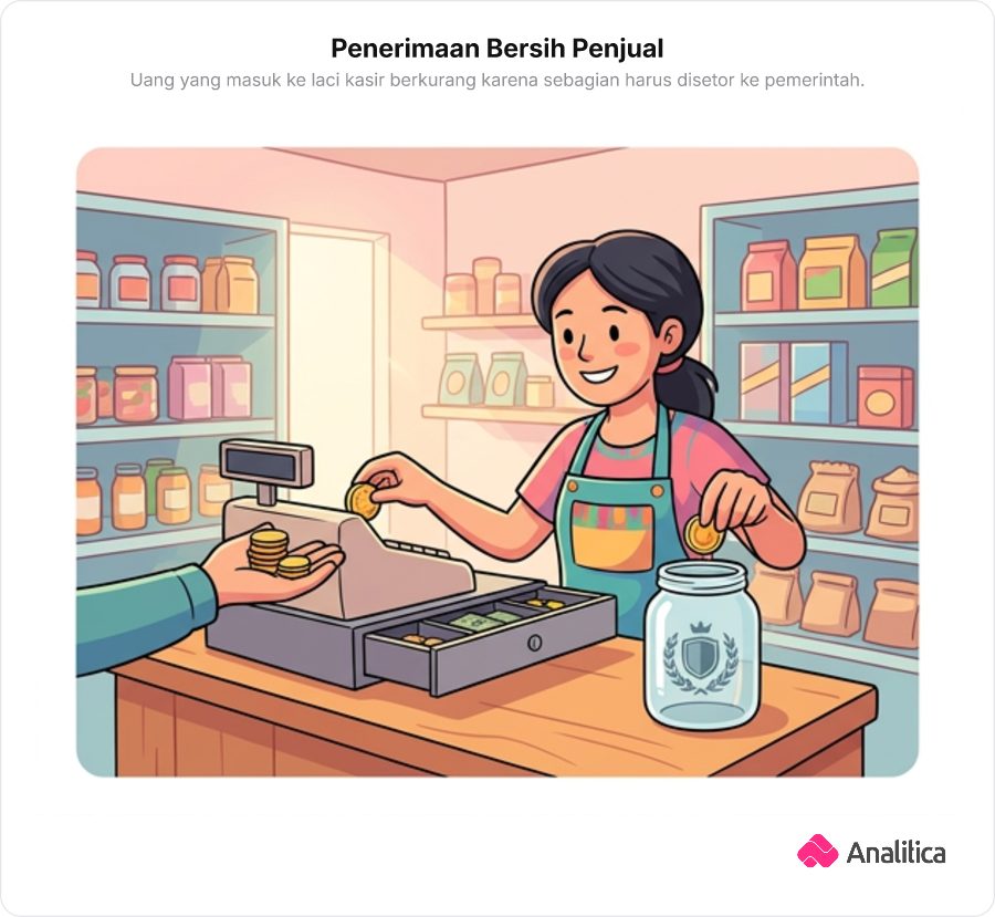 Ilustrasi penjual di kios memasukkan sebagian uang koin ke dalam toples pajak pemerintah dan sisanya ke laci kasir.