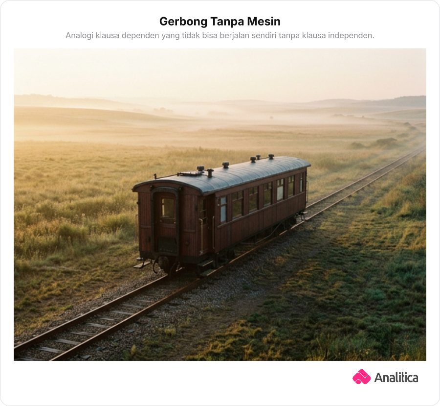 Ilustrasi sebuah gerbong kereta penumpang yang berdiri diam di atas rel rel kereta tanpa lokomotif penarik.
