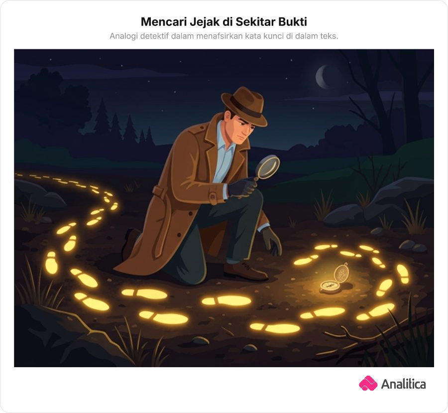 Ilustrasi seorang detektif sedang mengamati jejak kaki bercahaya di sekitar barang bukti di tanah.
