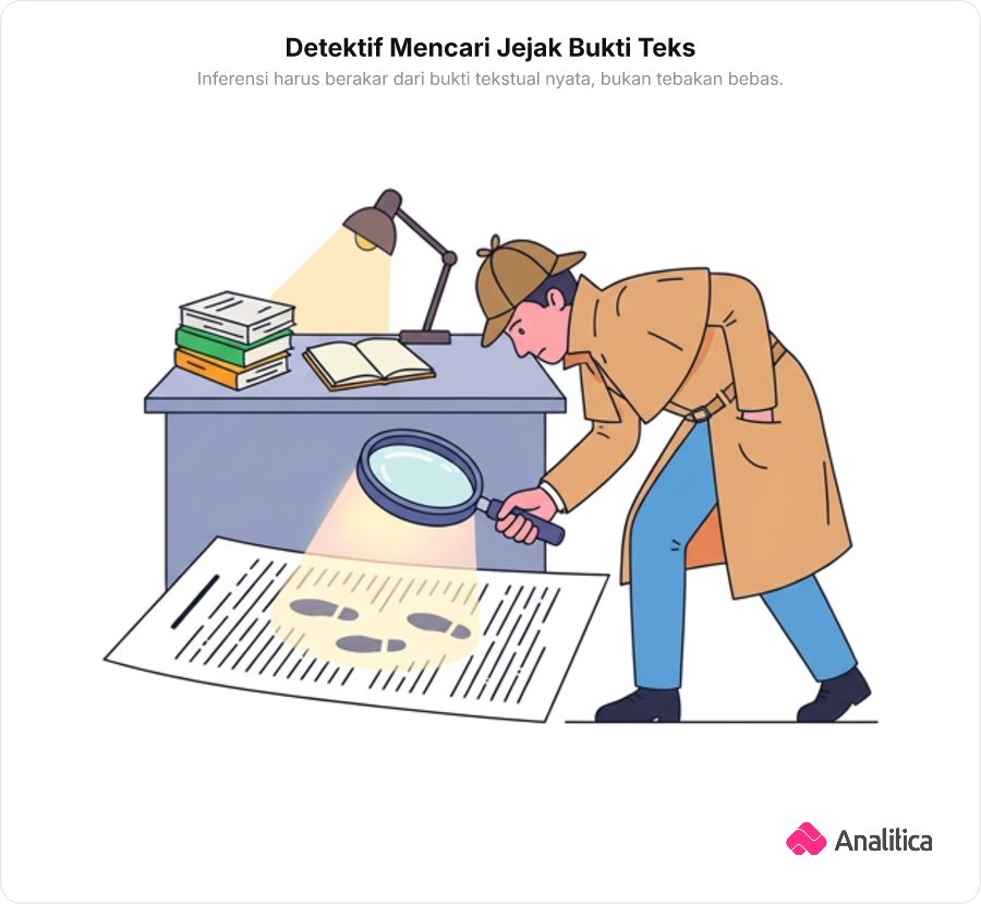 Ilustrasi seorang detektif mengamati jejak kaki di atas lembaran teks bacaan dengan kaca pembesar.