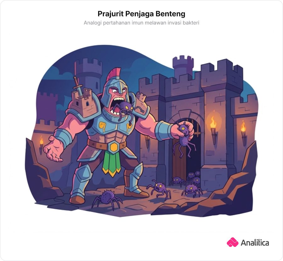 Prajurit benteng kota menelan monster kecil di gerbang pertahanan batu