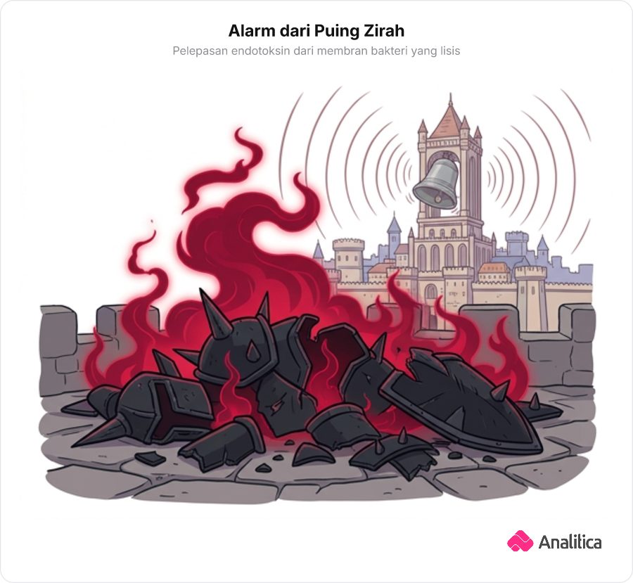 Tumpukan puing zirah monster yang kalah memancarkan aura merah memicu sirine alarm kota