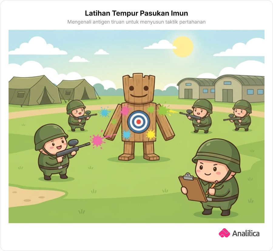 Ilustrasi analogi latihan militer dengan target monster kayu untuk memahami prinsip kerja vaksin.
