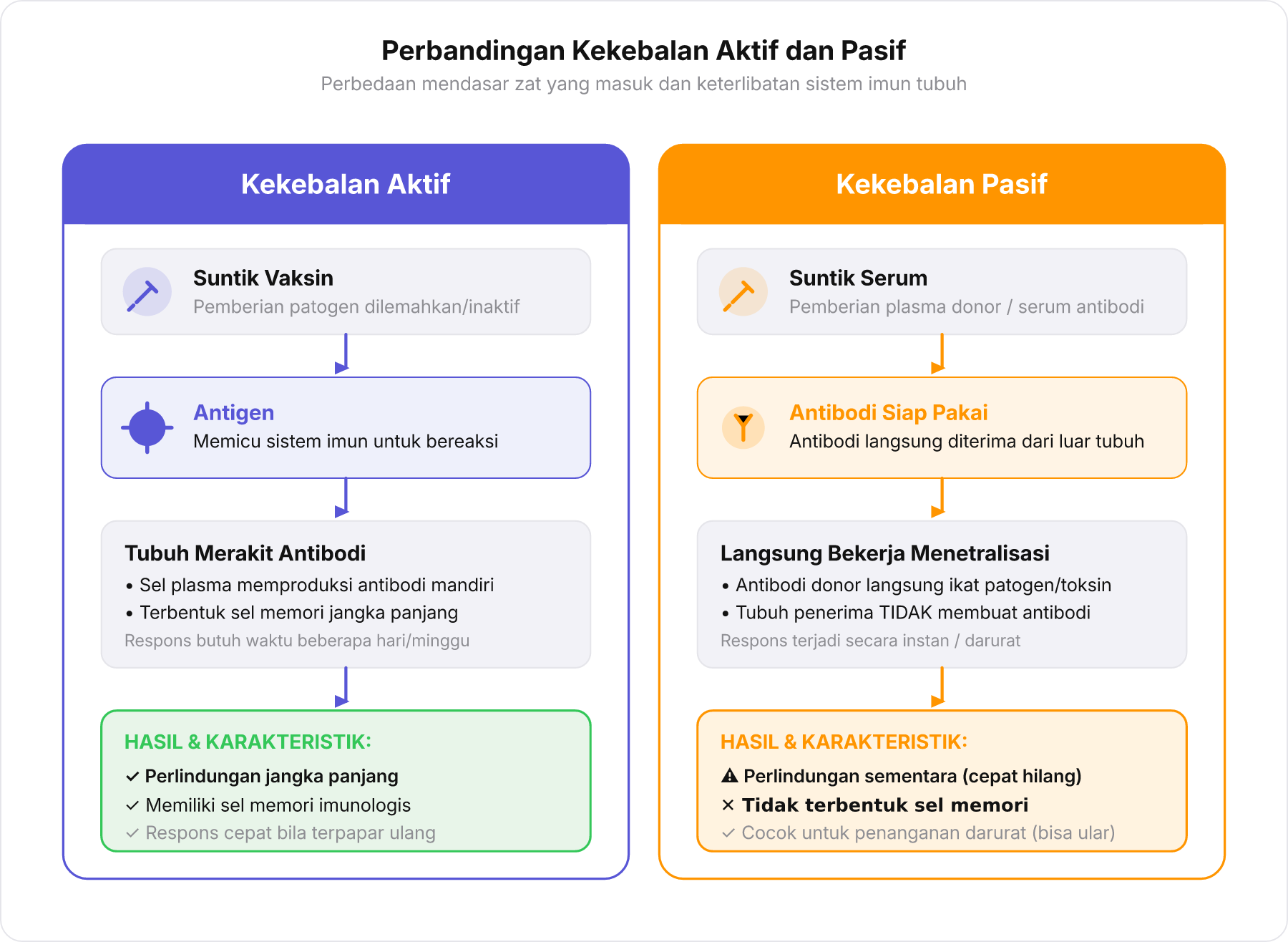 Diagram skematik membandingkan mekanisme pembentukan kekebalan aktif melalui vaksin dan kekebalan pasif melalui serum.