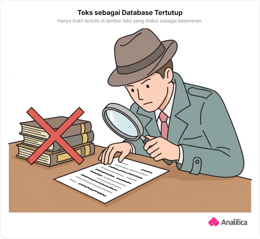 Ilustrasi seorang detektif memeriksa dokumen dengan kaca pembesar sambil menyingkirkan tumpukan buku luar.
