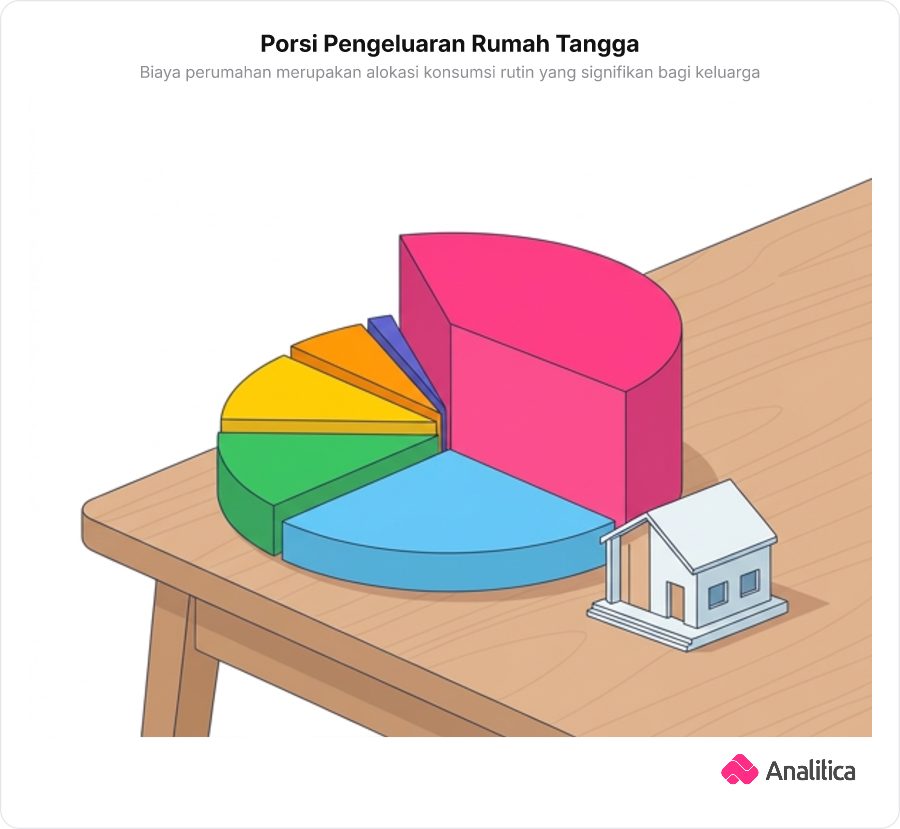 Ilustrasi konseptual grafik lingkaran proporsi pengeluaran rumah tangga yang didominasi oleh alokasi tempat tinggal dan utilitas.