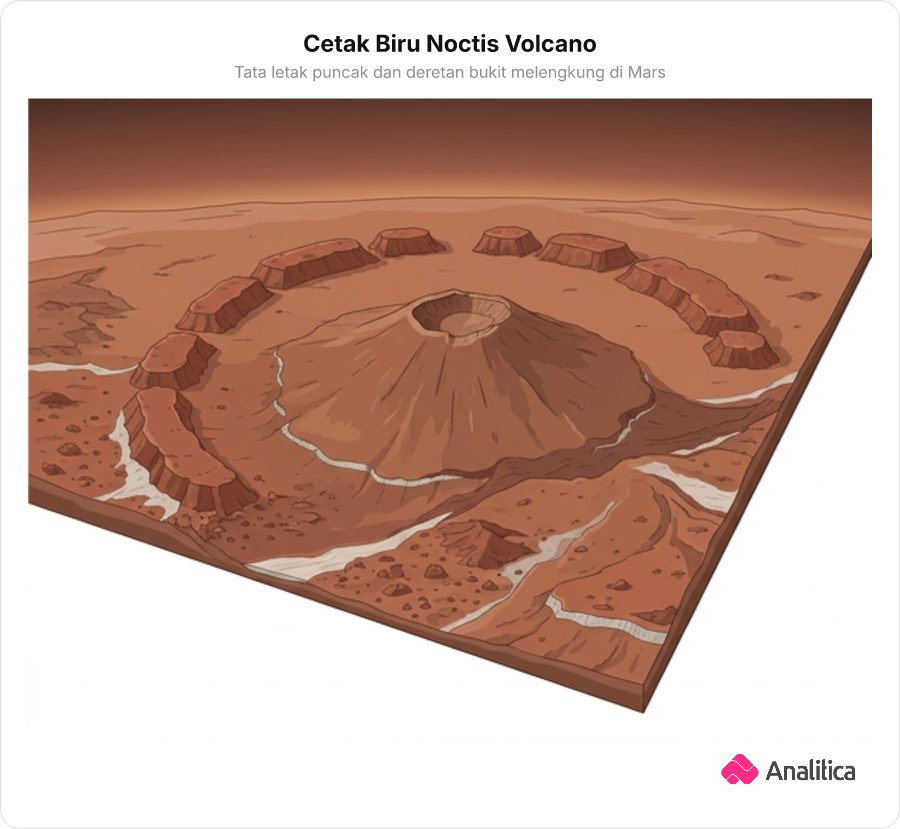 Ilustrasi lanskap Mars dengan puncak gunung di tengah dikelilingi bukit-bukit datar yang membentuk lengkungan busur.