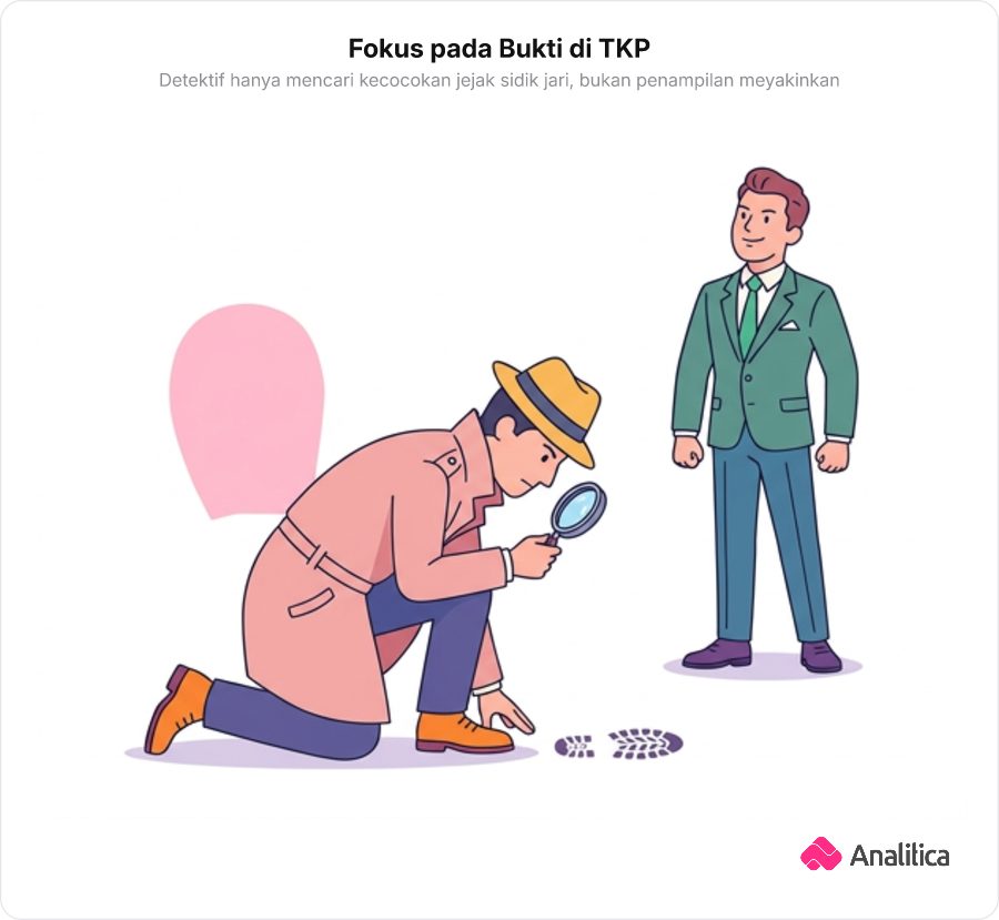 Seorang detektif memeriksa jejak sepatu di lantai dengan kaca pembesar sambil mengabaikan pria berjas rapi di dekatnya.