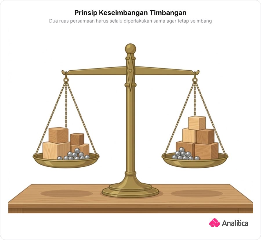 Ilustrasi timbangan dua lengan kuno berbahan kuningan yang berada dalam posisi seimbang sempurna, memuat kotak kayu dan bola logam di kedua sisinya.
