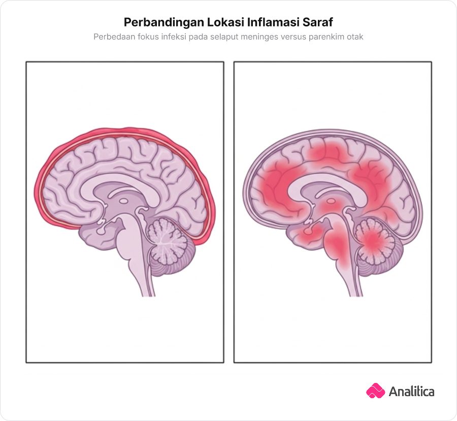 Ilustrasi komparatif medis peradangan selaput meninges vs peradangan jaringan parenkim otak