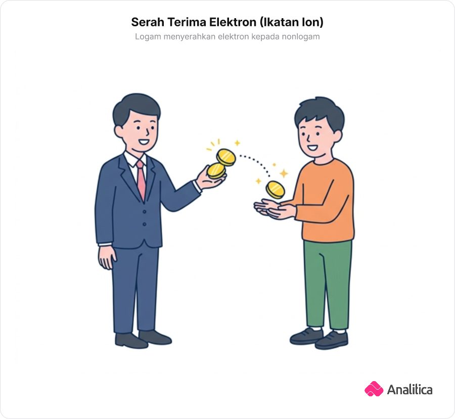 Ilustrasi kartun serah terima koin emas antara dua karakter sebagai analogi ikatan ionik