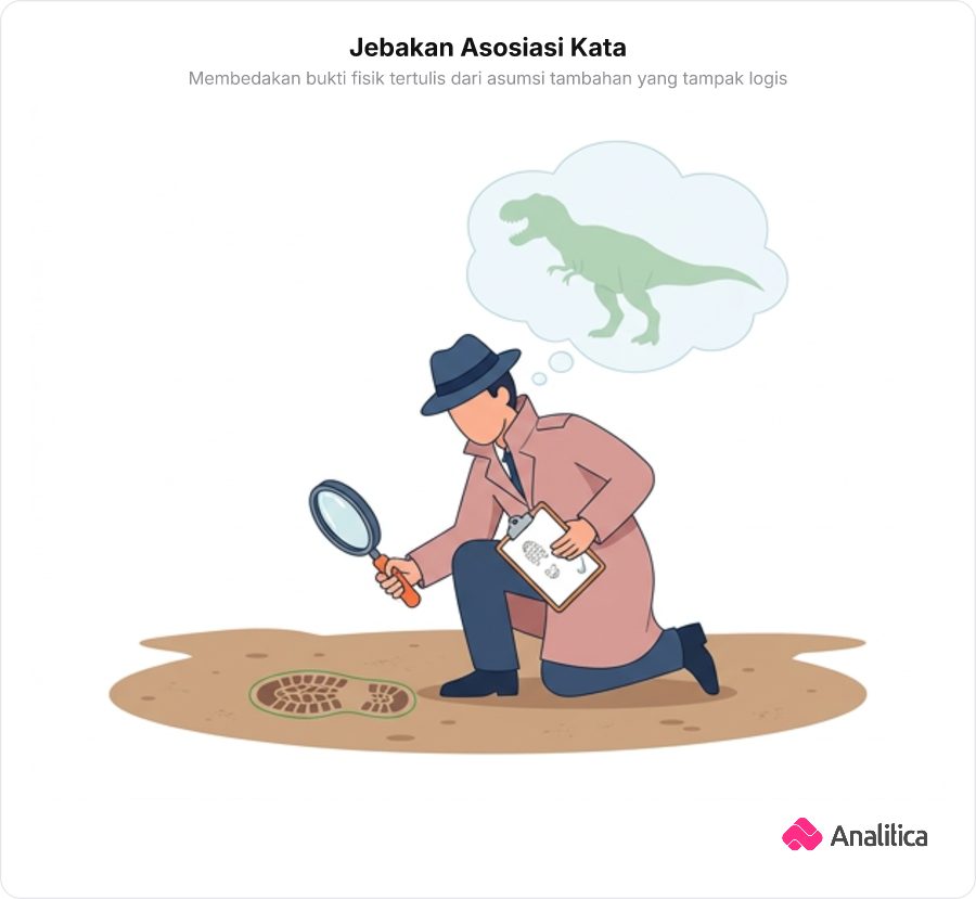 Ilustrasi detektif meneliti jejak sepatu di tanah dengan kaca pembesar sambil membandingkannya dengan daftar bukti fisik.