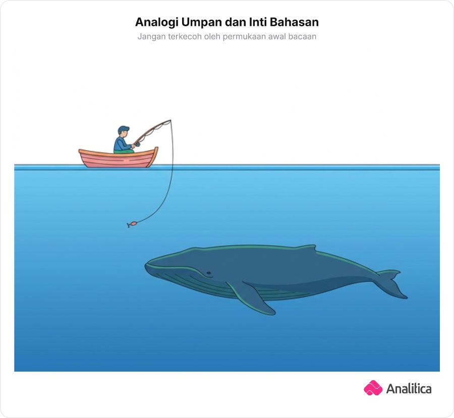 Ilustrasi analogi memancing untuk menggambarkan kalimat pembuka sebagai umpan dan gagasan utama sebagai hal besar di dalam air.