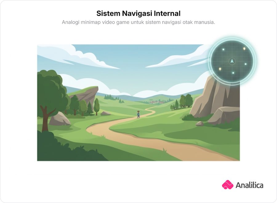 Tampilan layar antarmuka permainan open-world dengan minimap di sudut yang menunjukkan waypoint, garis grid, dan ikon arah.