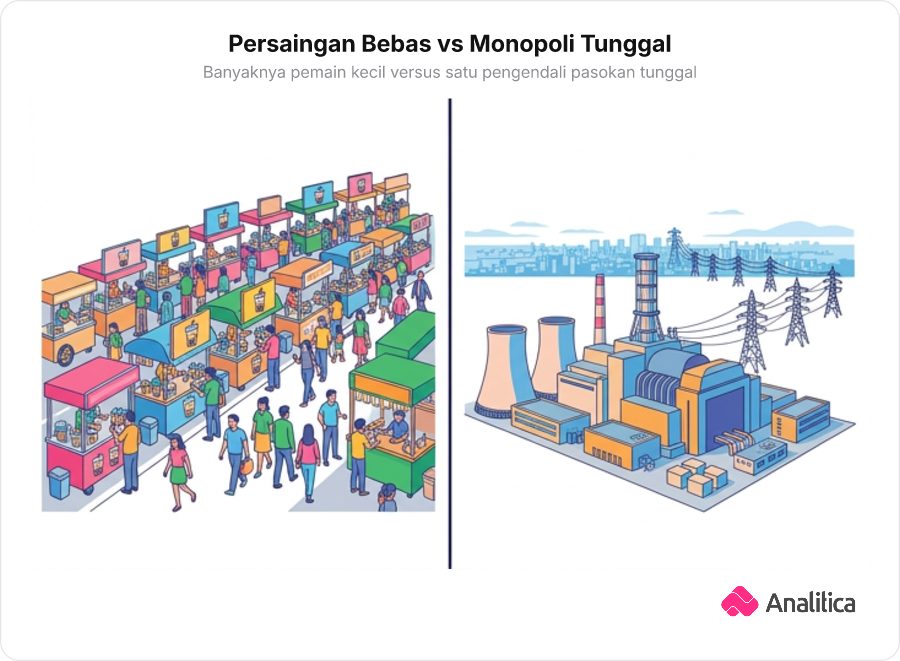 Perbandingan pasar persaingan bebas dengan penjual boba dan monopoli tunggal pembangkit listrik.