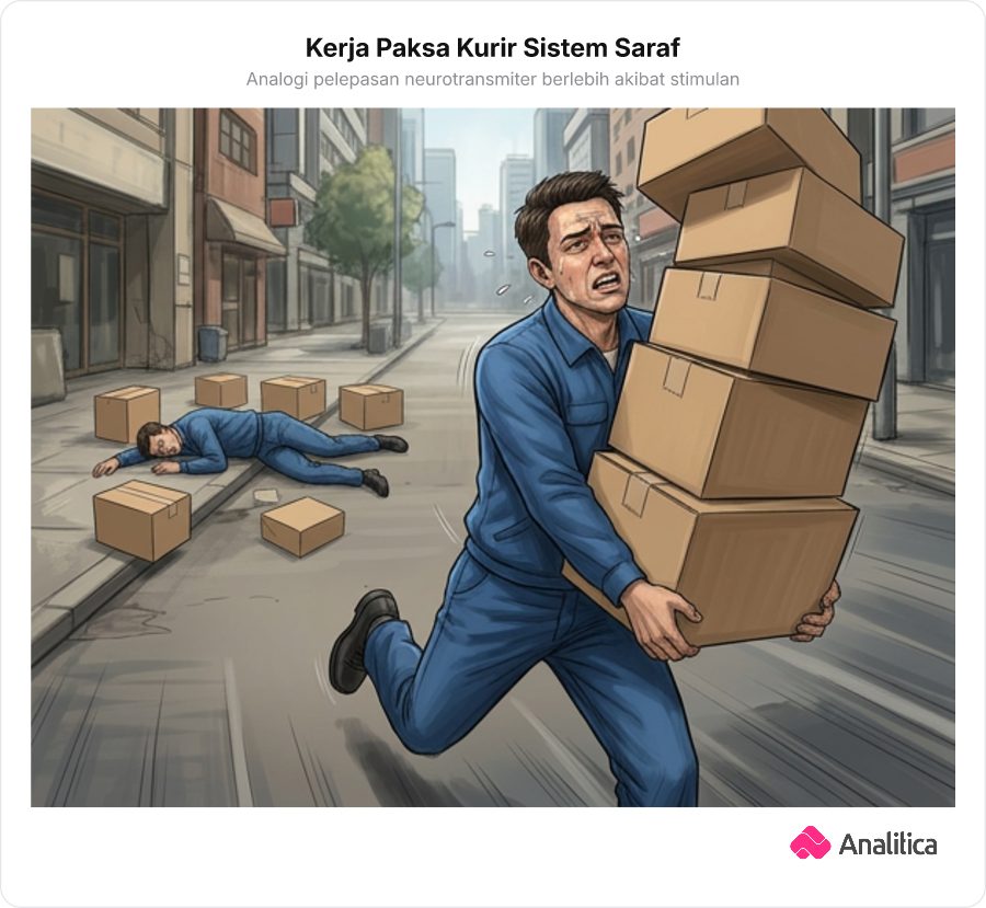 Ilustrasi kurir pengantar paket yang dipaksa berlari cepat di jalur ekspedisi dengan kurir lain pingsan kelelahan di kejauhan.