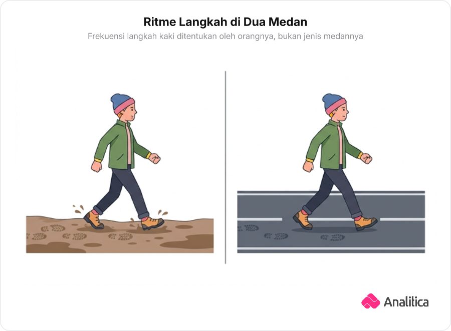 Ilustrasi seseorang mempertahankan ritme langkah kakinya di dua medan jalan berbeda