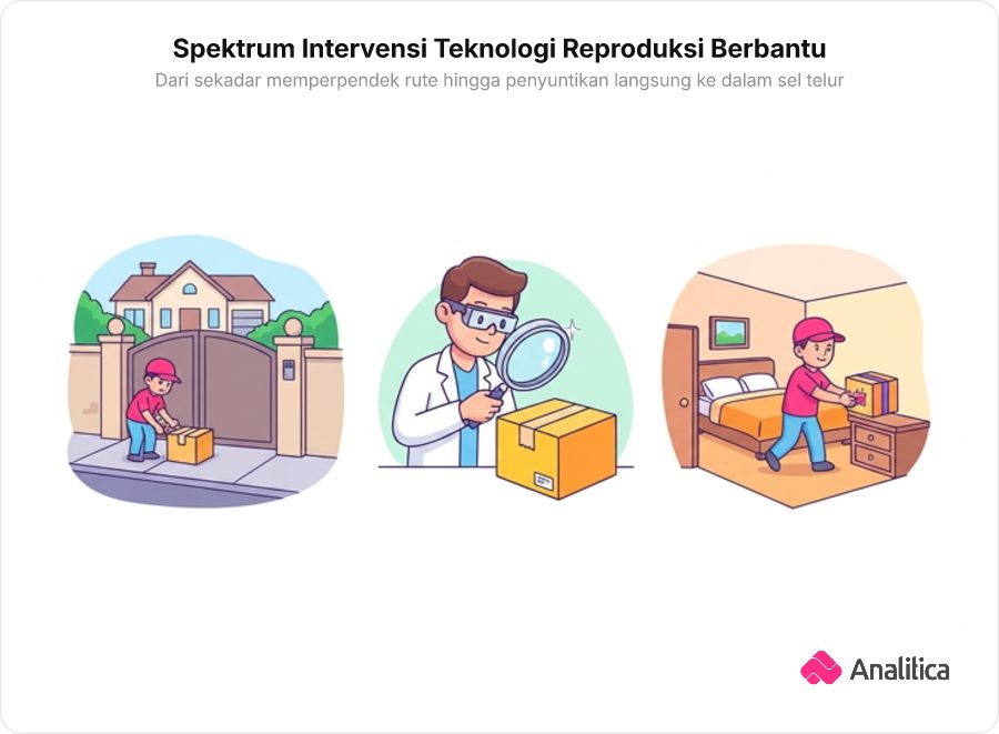Ilustrasi analogi konseptual tiga tingkat pengiriman paket yang melambangkan intervensi IUI, IMSI, dan ICSI