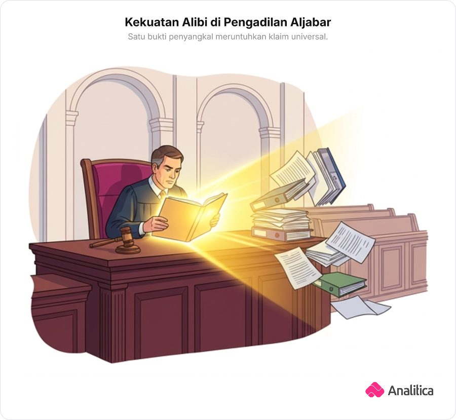 Ilustrasi seorang hakim di ruang sidang aljabar memeriksa berkas alibi bercahaya yang membatalkan berkas tuntutan lainnya.