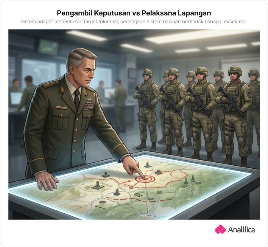 Ilustrasi seorang komandan yang memberikan instruksi keliru kepada barisan prajurit lapangan