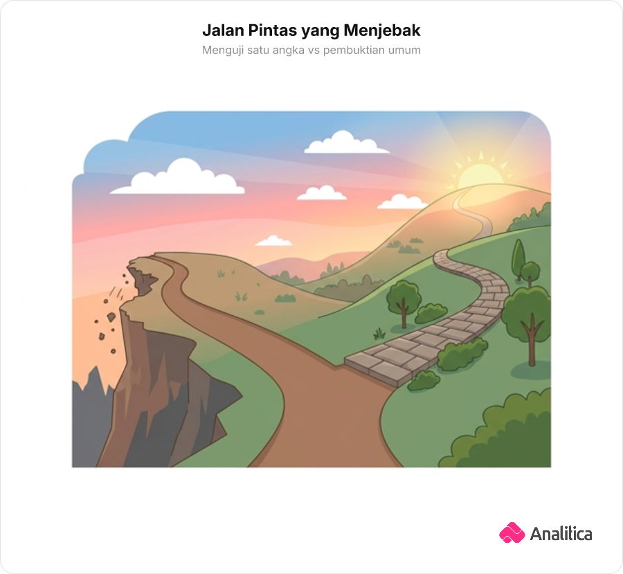 Ilustrasi dua jalur jalan setapak, satu jalan pintas yang tampak mulus namun berujung jurang buntu, dan satu jalan utama kokoh yang berkelok menuju puncak.
