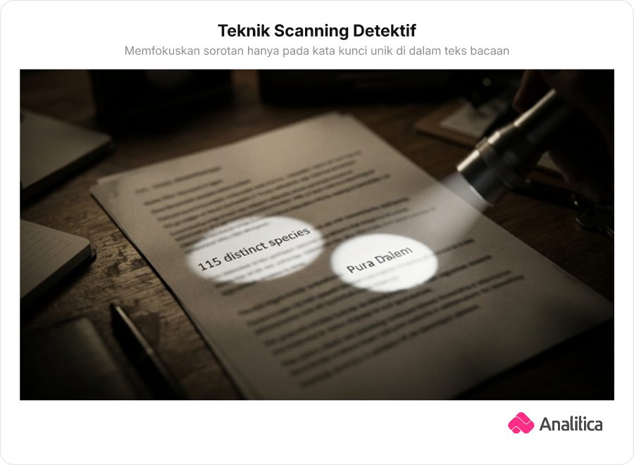 Ilustrasi halaman teks buram dengan kata kunci disinari senter detektif