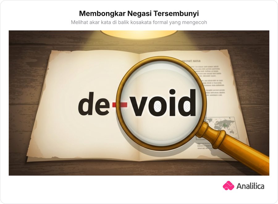 Ilustrasi kaca pembesar detektif membongkar makna kata devoid menjadi void dan simbol kosong