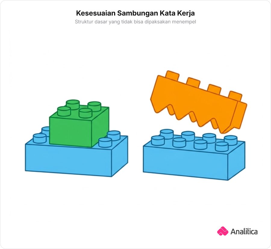 Ilustrasi dua balok mainan susun dengan bentuk sambungan presisi dan satu balok lain dengan tonjolan yang tidak pas.