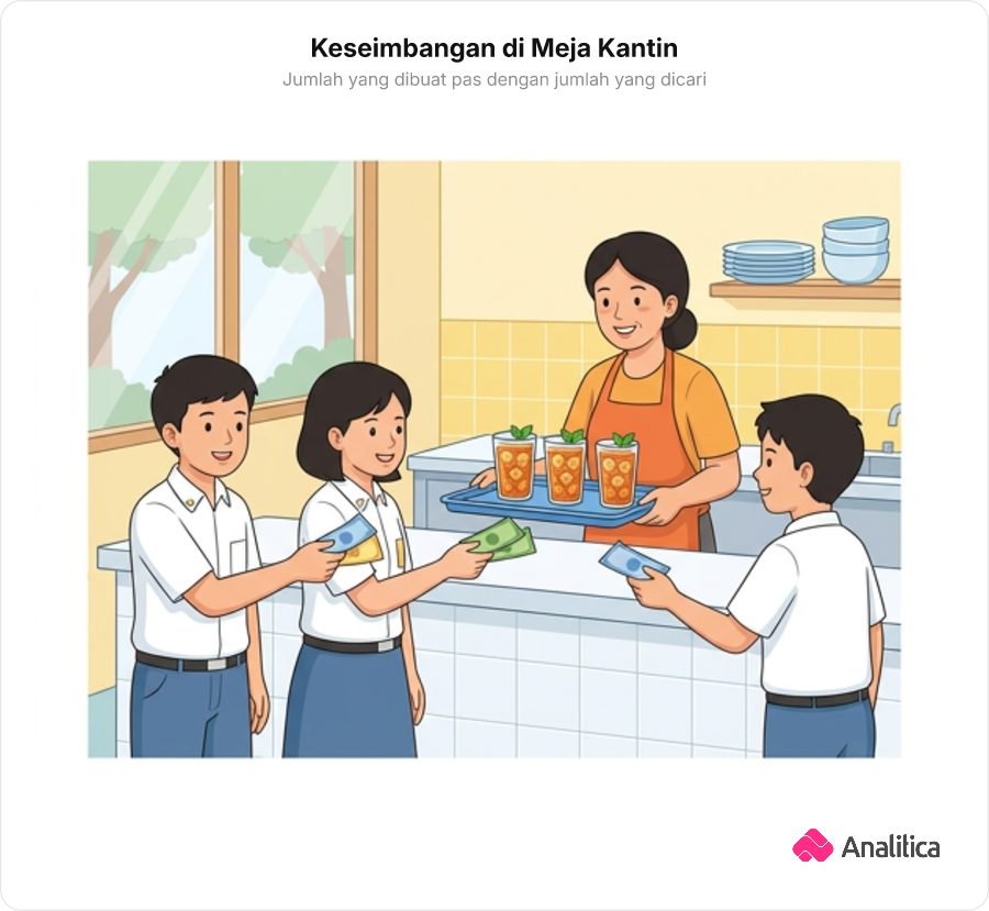 Ilustrasi penjual es teh kantin menyerahkan gelas es teh dengan jumlah yang pas kepada pembeli.