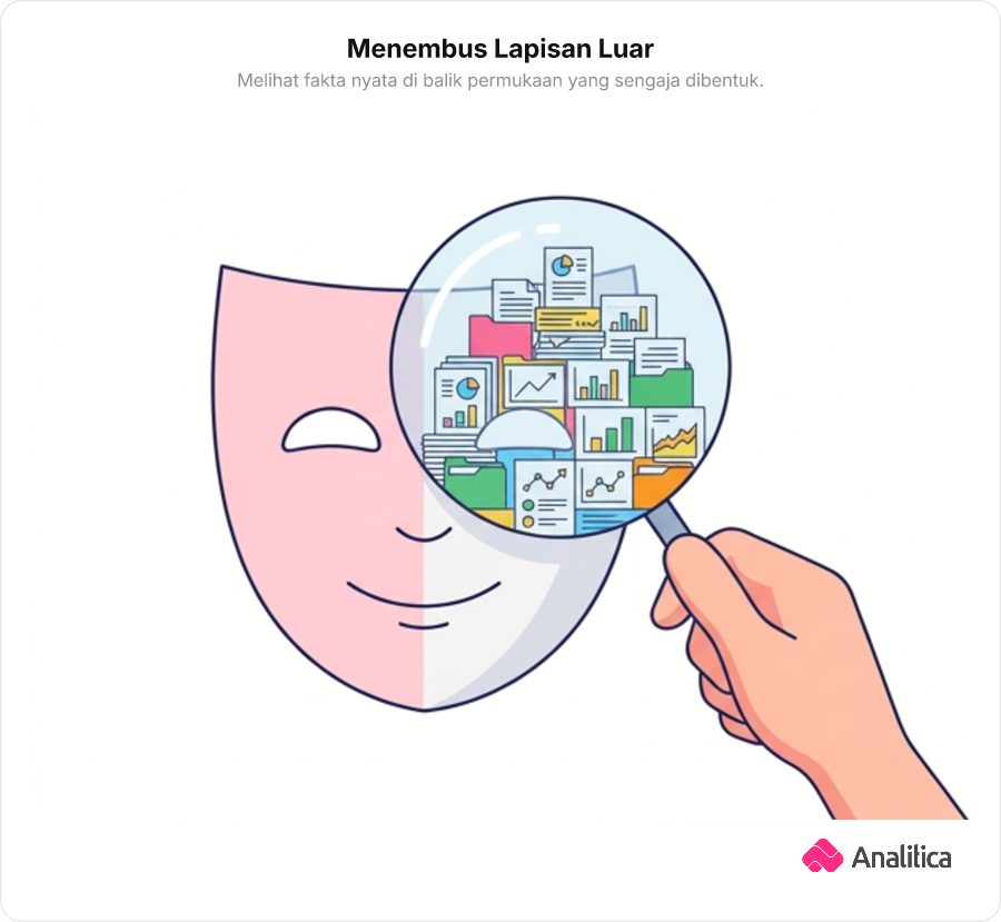 Ilustrasi kaca pembesar menyingkap dokumen dan data nyata di balik topeng kertas tersenyum.