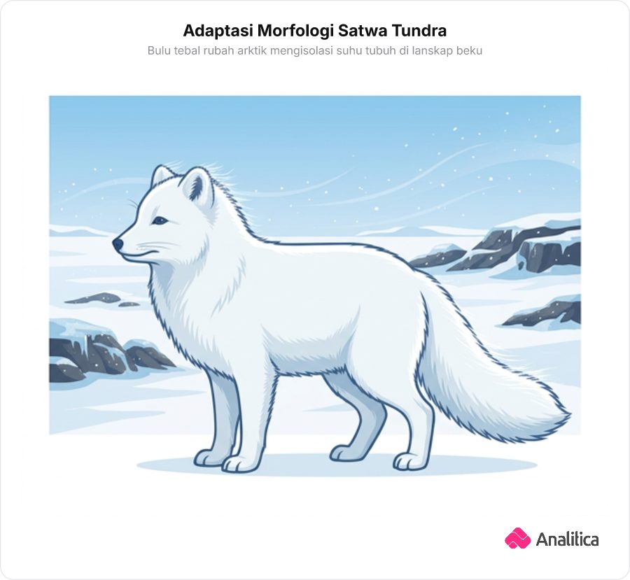 Ilustrasi seekor rubah arktik berbulu putih tebal menghadapi terpaan angin dingin di tengah bentang alam bersalju tundra.