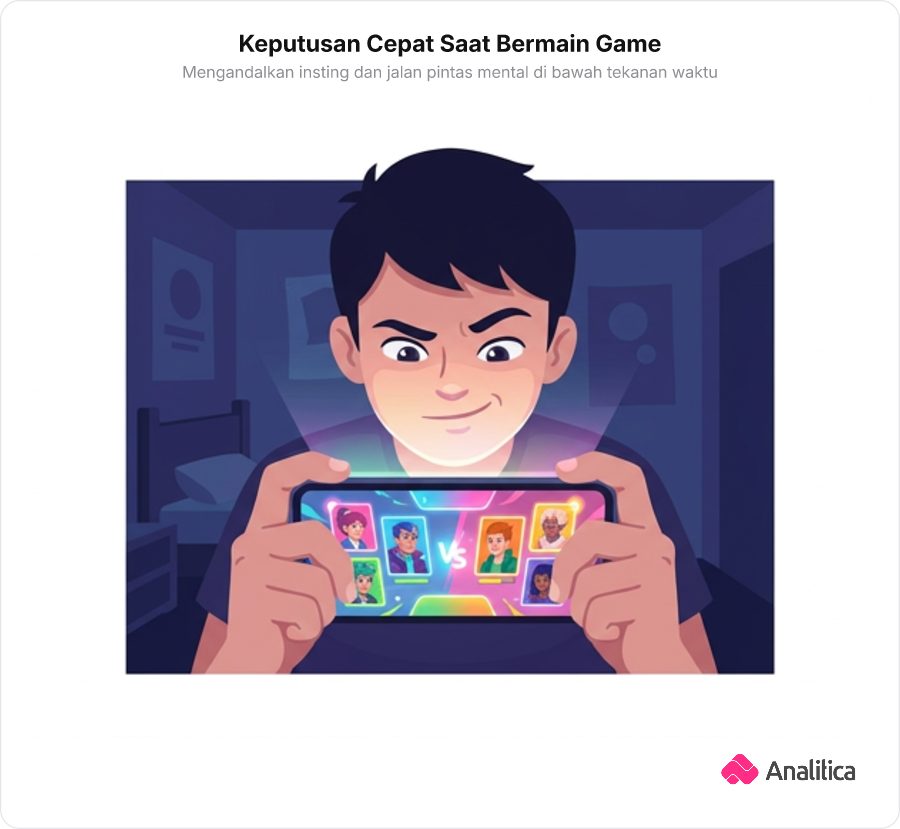 Seorang gamer sedang fokus memilih hero di layar ponsel pintar dengan ekspresi yakin walau terburu-buru