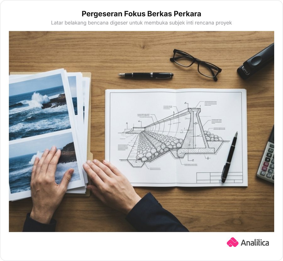 Ilustrasi meja pengacara dengan tumpukan berkas foto ombak yang digeser ke samping dan digantikan oleh lembar cetak biru dinding beton raksasa.