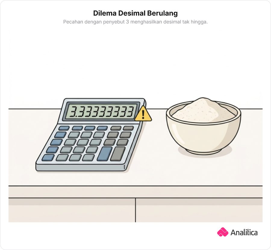 Kalkulator dengan layar penuh angka desimal berulang 3.33333333 dan simbol peringatan.