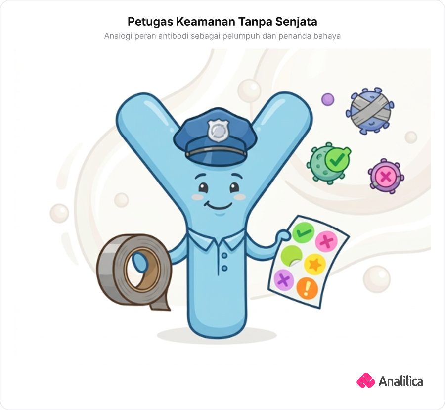 Ilustrasi karakter petugas keamanan berbentuk protein Y membawa gulungan selotip dan stiker penanda, bukan senjata api atau senjata tajam.