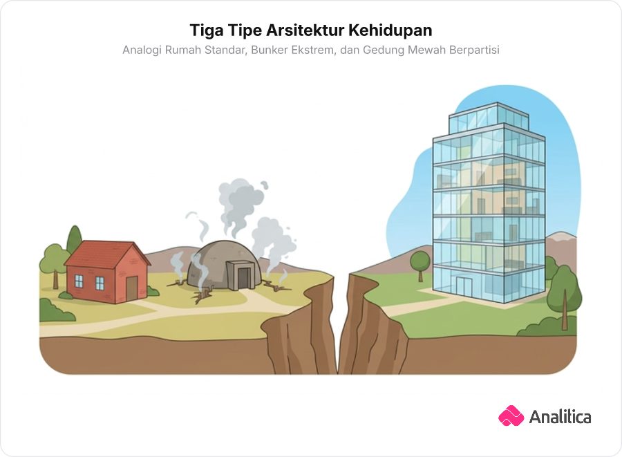 Ilustrasi tiga jenis bangunan yang menganalogikan domain Bacteria, Archaea, dan Eukarya.
